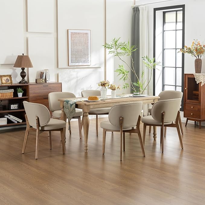 YOUNIKE Dining Chair with High Back Set of 2 Mid Century Modern Kitchen Chair Faux Leather Upholstered Armless Chair 20" Wide Padded Seat with Wooden Legs for Kitchen Dining Living Room Bedroom Khaki