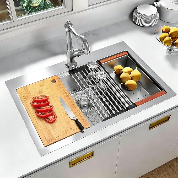 Drop In Kitchen Sink 33" x 22",16 Gauge T-304S Stainless Steel Workstation Sinks with Accessories, 33" x 22" x 10" Large and Deep Top Mount Single Bowl Kitchens Sink for Home,Outdoor