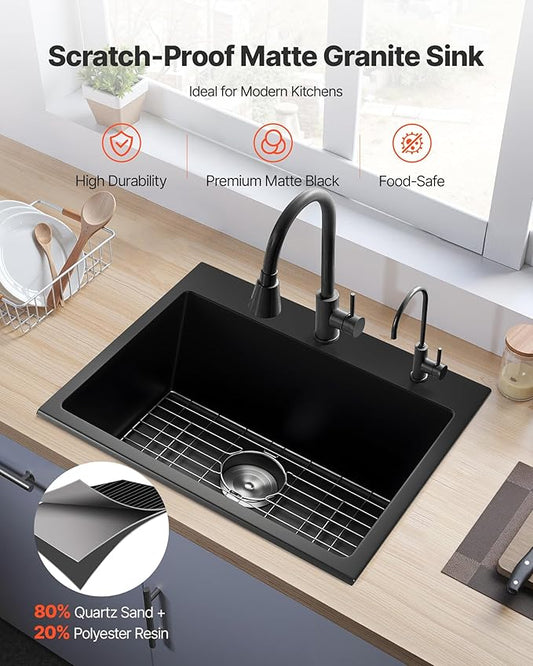 VEVOR 33 inch Kitchen Sink Workstation, Top Mount Granite Sinks, Drop-In Single Bowl Farmhouse Basin with Multiple Accessories, Household Dishwasher Sinks (22"D x 25"W x 10"H)