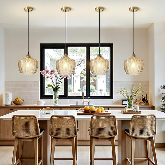 Modern Gold Pendant Light 2 Pack, Amber Glass Kitchen Island Pendant Light Fixture Adjustable Vintage Hanging Ceiling Light for Dining Room Corridor Bedroom 9.45 inch, UL Certification