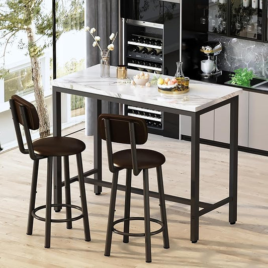 Lamerge Faux Marble Pub Height Table with 2 PU Upholstered Stools,3-Piece Kitchen Table and Chairs,Suit for Dining Room & Living Room & Breakfast Nook,Space Saving Set for 2,White & Brown,39.3"