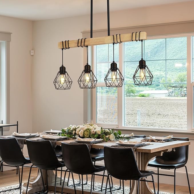 30" Farmhouse Kitchen Light Fixture, Black Hanging Kitchen Chandelier, 4-Light Rustic Dining Room Light Adjustable Height with Wood and Metal Frame, Suit for Farmhouse, Industrial Style