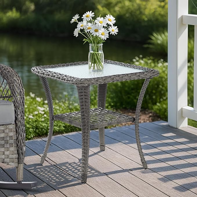 MEETWARM Wicker Outdoor Side Table, All-Weather Patio Rattan Side Table with Tempered Glass Top and Storage Shelf, Small Patio End Table for Outside Indoor Outdoor Balcony Porch Deck, Gray