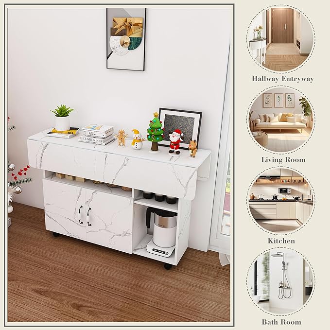 47" Folding Dining Table with Storage Shelves, Multi-Functional Rolling Kitchen Island on Wheels, Compact Desk for Small Spaces, Kitchen, Dining Room, Work, White
