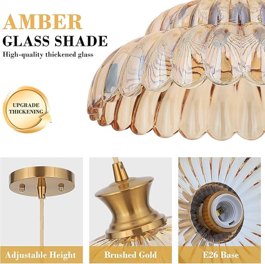 Amber Glass Pendant Lights, 2Pack Brushed Gold Lighting 11.8" Glass Light Fixtures Modern Glass Chandelier Vintage Hanging Ceiling for Kitchen Island Dining Room Restaurant Bedroom Foyer