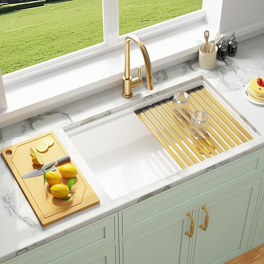 MILOSEN White Undermount Kitchen Sink, 27×18 Inch Integrated Workstation Ledge with Offset Drain, Granite Composite 9 Inch Under Counter Single Bowl Sinks Basin, Deep Quartz Sink with Accessories