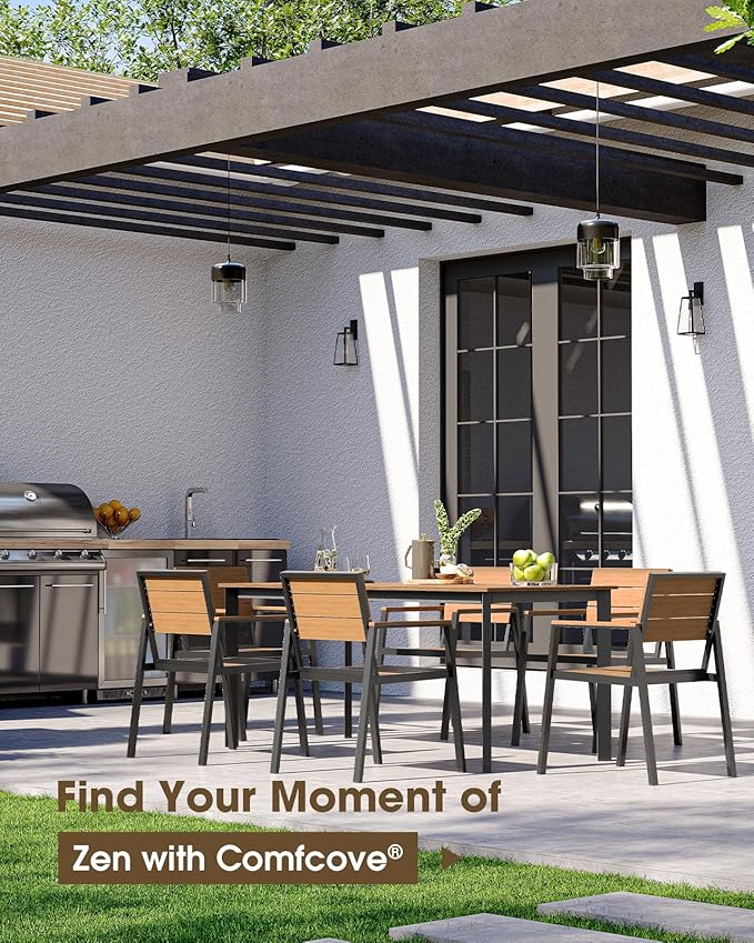 Outdoor Dining Chiars Set of 2, Aluminum Patio HDPS Outdooor Dining Chiars, All Weather Patio Furniture Set (Gray & Teak)