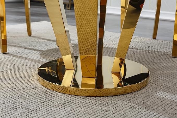 Round Marble Dining Table for 4 6,Modern 45" White Gold Kitchen Table with Faux Marble Top & Diamond Design Pedestal Base, American-Style Round Dining Room Dinner Table,Home Kitchen Furniture