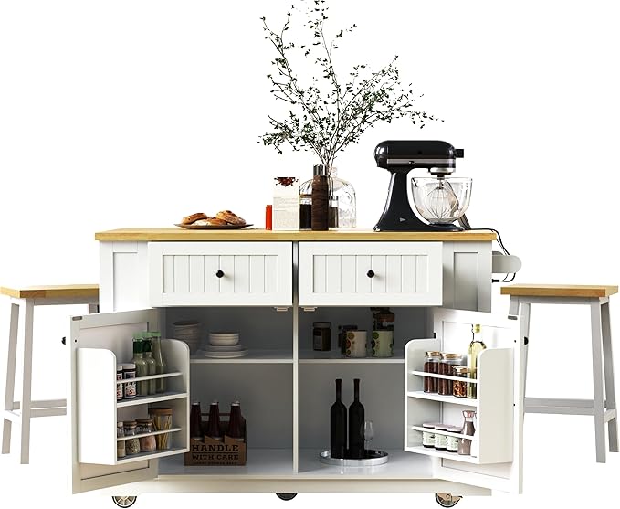 Ball & Cast Kitchen Island with 2 Bar Stools and Power Outlet,Rolling Kitchen Cart on 5 Wheels W/Drop Leaf&5 Open Side Racks,Kitchen Storage Cart W/Adjustable Shelf,for Kitchen,Dining Room,White,48"
