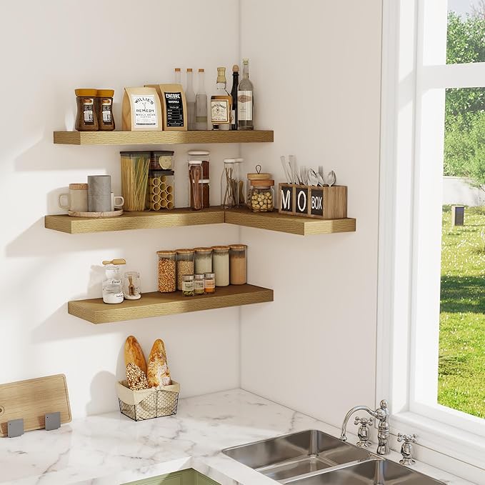 Fun Memories Floating Shelves for Wall, 32W x 8D Floating Wall Shelves with Invisible Brackets Set of 2, Hanging Rustic Wood Shelf Decoration for Bedroom, Bathroom, Living Room and Kitchen, Oak