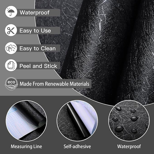 Safiyya 17.3" X 118" Peel and Stick Wallpaper Black Silk Contact Paper Textured Wall Paper Peel and Stick Modern Solid Color Wallpaper for Bathroom Vinyl Rolls