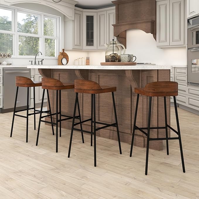 Giantex 29" Bar Height Bar Stools Set of 2, Industrial Wood Barstools with Metal Legs, Chic Low Back, Curved Seat Surface, Max Load 330 Lbs, Wooden Armless Bar Dining Chairs for Kitchen Island Pub
