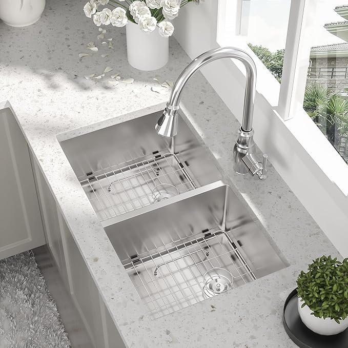 33 Undermount Double Bowl Kitchen Sink - Beslend 33x19x10 Inch Double Sink Stainless Steel Undermount Sinks 16 Gauge 50/50 Double Bowl Sinks