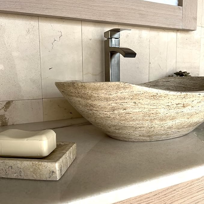 Shades of Nature Oval Travertine Vessel Sink – Natural Stone Wash Basin, Fully Polished Bathroom Sink, Above Counter Vanity Basin (Includes Matching Soap Tray)
