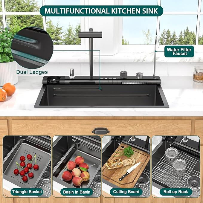 Smart Waterfall Kitchen Sink 30" Drop-In Single Bowl 16 Gauge 304 Stainless Steel Workstation Sink with Mechanical Control Panel & Pull-Down Faucet, Gunmetal Black for Decoration or Renovation
