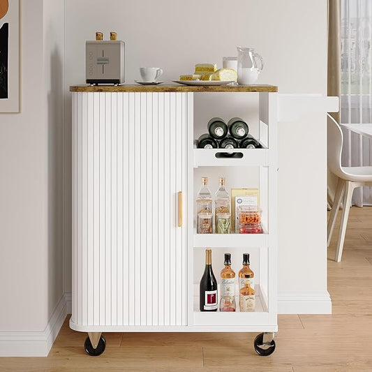 Small Rolling Kitchen Island Cart with Sliding Doors, 35.3“ Mobile Kitchen with Storage, Adjustable Height Shelves, Locking Casters Storage Island Table for Kitchen, Living Room, Dining Room(White)
