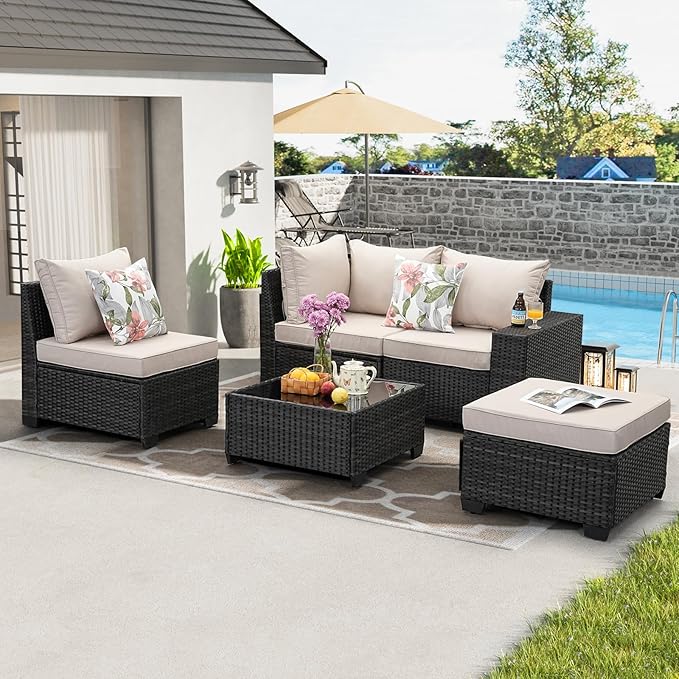 JOYURE 5 Pieces Patio Furniture Set All-Weather Outdoor Wicker Sectional Conversation Sofa Rattan Patio Seating Sofa with Cushion and Glass Table and Ottoman for Porch,Beige