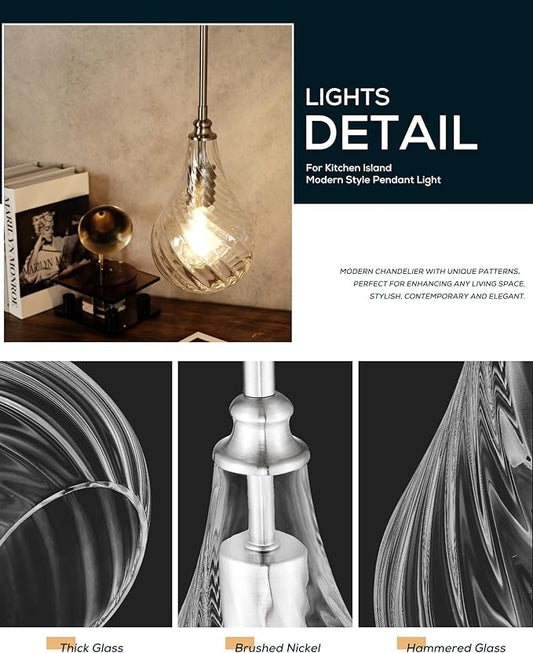 TENGXIN 2 Pack Pendant Lights Kitchen Island,Brushed Nickel Finished Striped Glass Hanging Pendant Light,Farmhouse Pendant Light for Dining Room,Bedroom,6 Inch