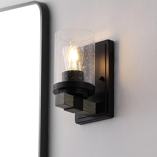 JONATHAN Y 4.5" Black/Gray Oak Wood Finish 1-Light LED Vanity Light, Rustic Farmhouse Sconce, Clear Seeded Glass Shade, Industrial Wall Lamp for Bathroom Mirror, Kitchen Sink, LED Bulb (JYL7507B)