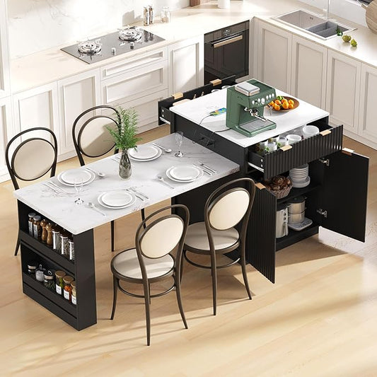 Modern Dining Table Expandable 82.6in Fluted Kitchen Island with, Power Outlet, Wood Console Table with Drawers for Living Room Dining Room Kitchen,Black-MDF