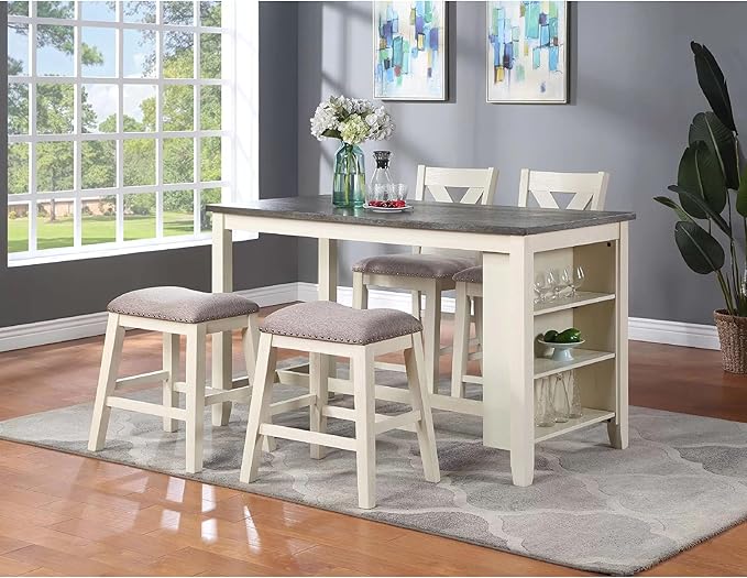 Benjara Joss 60 Inch Cottage Counter Height Table, 2 Tone Wood, Gray Top Cream Base