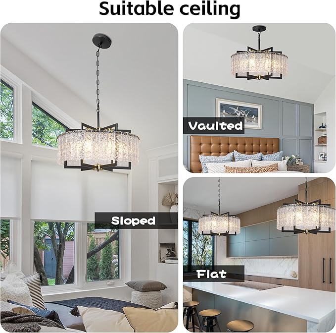 Modern Black Crystal Chandeliers for Dining Room, Elegant Chandelier Light Fixture for Kitchen Island, Water Ripple Glass, Drum Hanging Lights for Bar Table Entryway Foyer Hallway-24”
