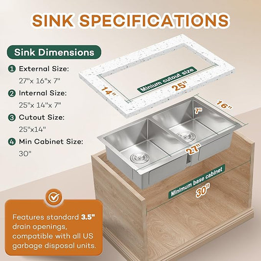 Rhbamoa 27 Inch RV Kitchen Sink,T304 Stainless Steel Kitchen Sinks for RV,50/50 Undermount Double Sink,Outdoor Sinks with Brushed Finish (27'' X 16'' X 7'')