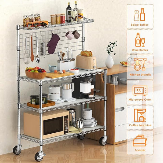 Leteuke Bakers Rack with Storage & Wheels, 42 Inch Microwave Stand Kitchen Shelves, 4-Tier Heavy Duty Storage Rack with 20 S-Hooks, Commercial Metal Utility Kitchen Cart, 42Γ 18Γ 63 Inch, Chrome