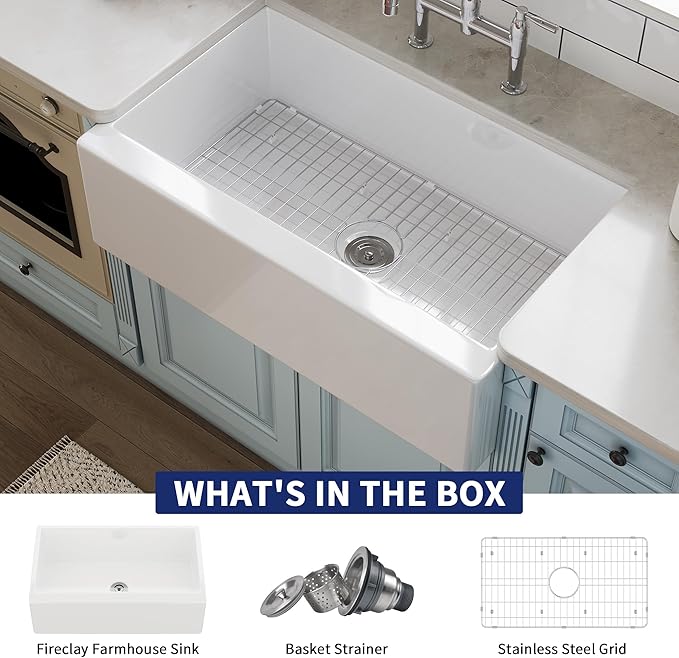 DeerValley 33" L x 20" W White Farmhouse Kitchen Sink Fireclay Apron Front Undermount Farm Sink Single Bowl Pure White Farmer Sink Large Capacity Deep Kitchen Sink with Accessories