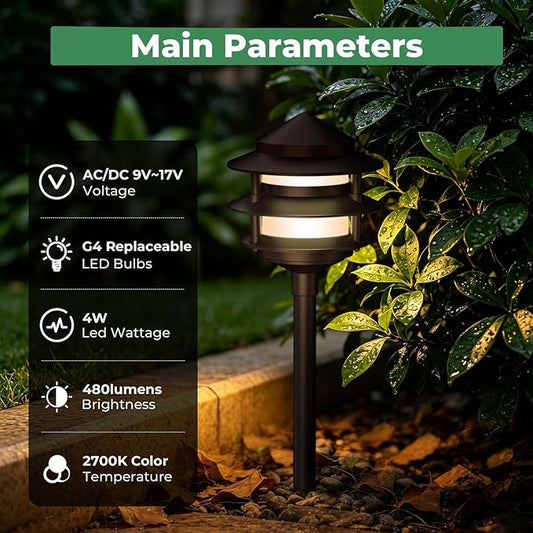 Gardencoin Pagoda Low Voltage Landscape Pathway Lights, 12V Outdoor LED Path Lights Wired, Aluminum Walkway Lighting with 4W 2700K Replaceable G4 Bulb, Bronze Classic 3-Tier Lantern, 12 Pack