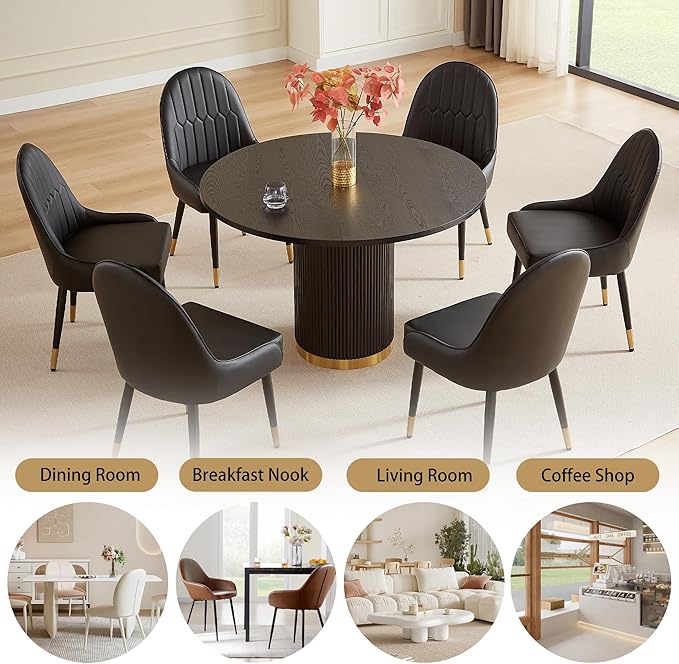 Round Dining Table Set for 6, 46.46" Modern Farmhouse Dining Table and 4 Leather Dining Chair, Circle Kitchen Tables with Wood & Gold Stainless Steel Base for Living Room, Kitchen, Black