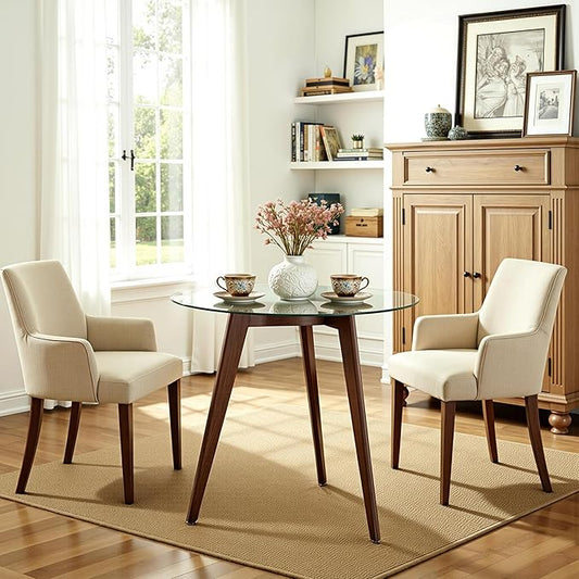 ivinta Round Glass Dining Table for 2-4 People, 31.5" Modern Circle Kitchen Table with Tempered Glass and Solid Wood Legs for Kitchen, Dining Room, Living Room or Restaurant, RD80 (Dark Brown)