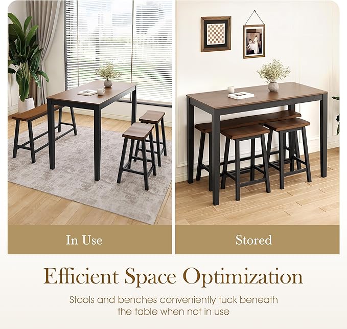 Sophia & William Dining Table Set for 4, Counter Height Table and Chairs, Kitchen Table Set with Bench and 2 Chairs, Small Breakfast Bar Dining Set, Walnut & Black