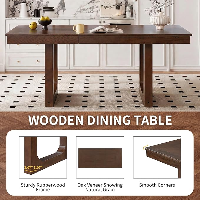 60"-78" Extendable Dining Table – Farmhouse Wooden Kitchen Table with Removable Leaf, Large Expanding Table for 4–8, Rustic Walnut Finish
