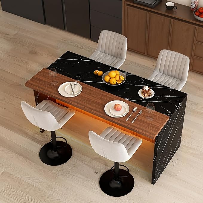Montary 63-inch Modern Kitchen Island and Dining Table Set with 4 Swivel Stools, Marble-Look Countertop with LED Lights and Metal Grille Design, for Kitchen, Living Room,Black & Gray