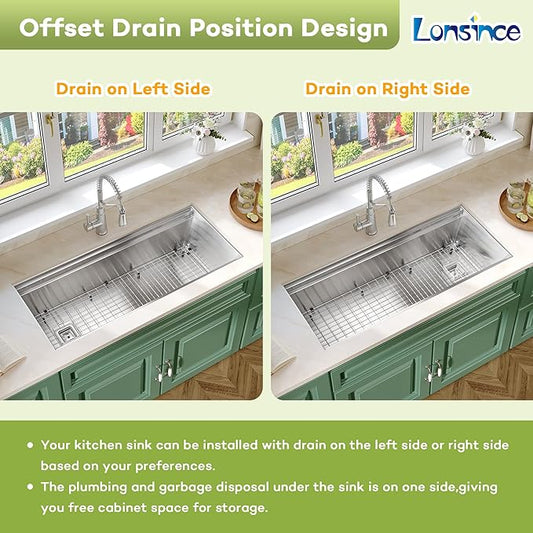 Undermount Kitchen Sink 45 inch,16 Gauge Stainless Steel Single Bowl Undermount Sink Two-Tiered Ledge,Spacious & Large Kitchen Sink Offset Drain (45" X 19")