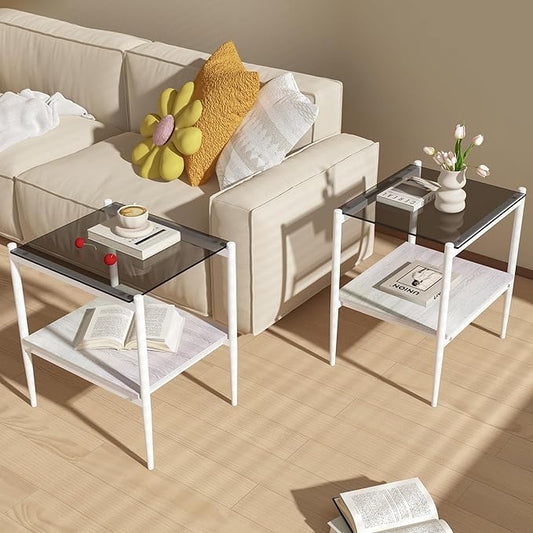 Set of 2 Glass End Table, 2-Layer Glass Living Room Table, Modern Tea Table Side Tables for Home Office Furniture