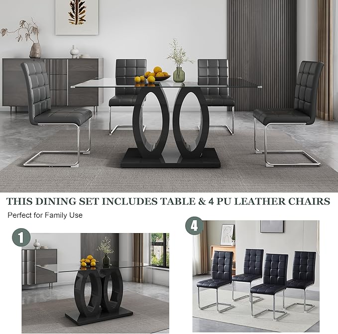 5-Piece Glass Dining Table Set, 63" Black Kitchen Table with O-Shape MDF Base, Dining Room Set for 4 with 4 Leather Upholstered Chair for Kitchen, Dining Room (Black,Silver)