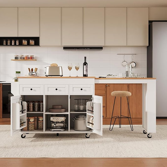 85.5" Kitchen Island with Extendable Dining Table & Power Outlet, Rolling Cart with 3 Drawers, 2 Doors & 3 Open Shelves, Mobile Storage Table for Kitchen and Dining Room (85.5"+White+Natural)