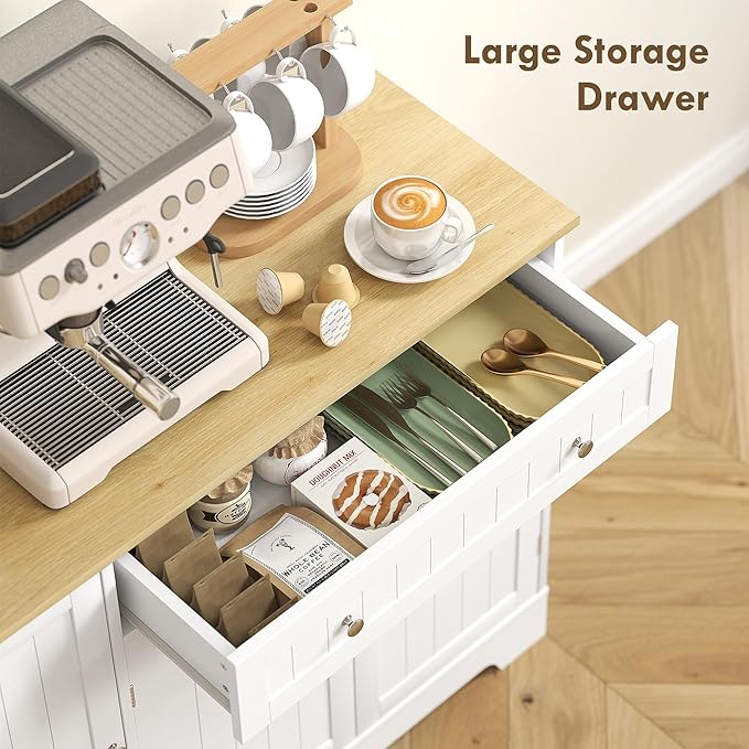 HOMCOM Modern Coffee Bar Cabinet with Storage, Sideboard Buffet Cabinet with Drawer, Adjustable Shelves, Small Kitchen Pantry with Door Shelves, White