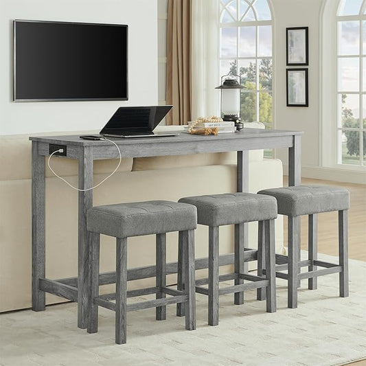 4-Piece Kitchen Island Counter-Table Set with Charging Station, Industrial 59" Dining Tables with 3 Stools, 59 Inch Farmhouse Bar Table Chairs w/USB & Type-C & Power Outlets, Grey