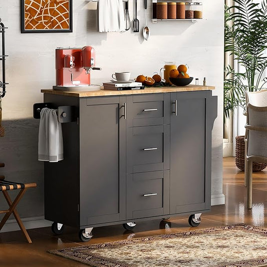 Rolling Kitchen Island with Storage, Kitchen Cart with Rubber Wood Top,3 Drawer,2 Slide-Out Shelf and Internal Storage Rack, Kitchen Island on Wheels with Spice Rack & Tower Rack (Black~09)