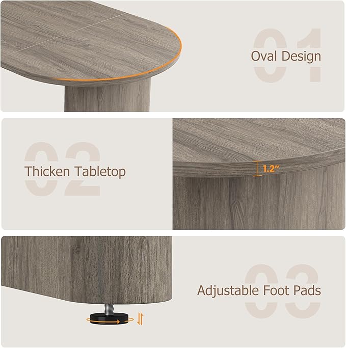 GarveeHome Oval Dining Table for 6-8 People, Long Large Kitchen Table with Thick Sturdy Wooden Base, Farmhouse Dining Room Table for for Kitchen, Living Room, Office (70.87" Long,Grey Walnut)