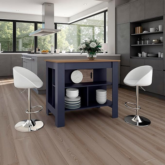 40" Extra Countertop Extendable Dining Table, Work Island with Functional Storage, Kitchen Island Table with Comfortable Prep Space for Kitchen Meal Prep and Storage, Blue + Natural Oak