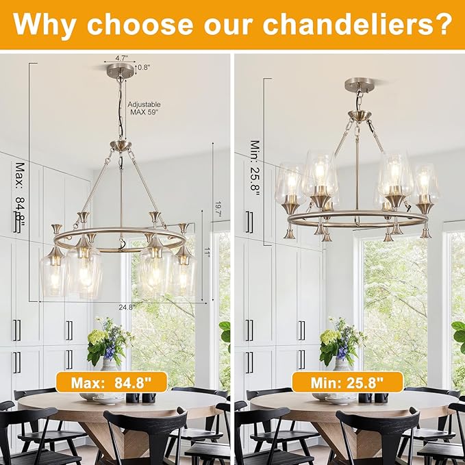 Modern Chandelier for Dining Room (25inch, 6-Light), Brushed Nickel Dining Room Light Fixture Over Table with Clear Glass Shade, Industrial Hanging Pendant Lights Fixture for Kitchen Island Entryway