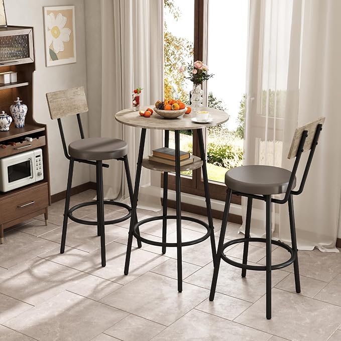 Zevemomo 3 Pieces Round Bar Table and Chairs Set, Small Dining Table for 2, Kitchen Bar Table, Breakfast Table with Storage, 2 Thickened Cushion Stools with Backrest for Dining Room & Bistro-Grey