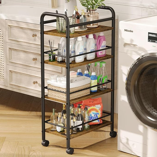Asgolion Slim Storage Cart, 4-Tier Small Rolling Cart with Wheels, 9.1" Deep, Narrow Bathroom Shelf Trolley for Kitchen, Bathroom, Laundry Room, Rustic Brown Large 4-Tier (9.1" W x 33.6" H)