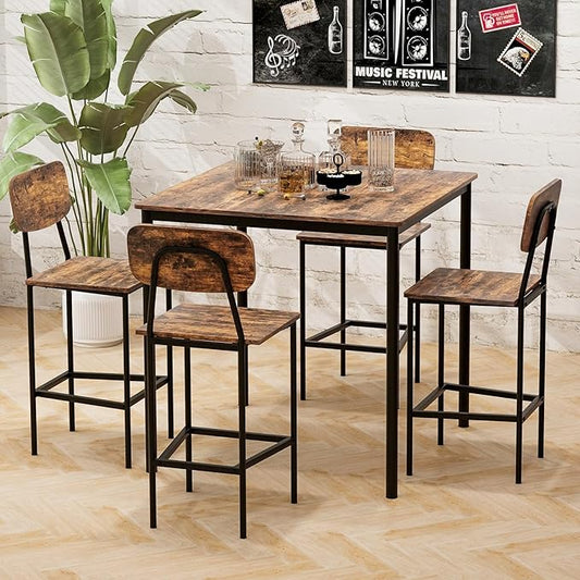 KOTEK 5-Piece Counter Height Dining Table Set, Industrial Kitchen Table and Chairs for 4, Space-Saving Dinette Set with Bar Stools for Dining Room, Pub, Restaurant (Rustic Brown)