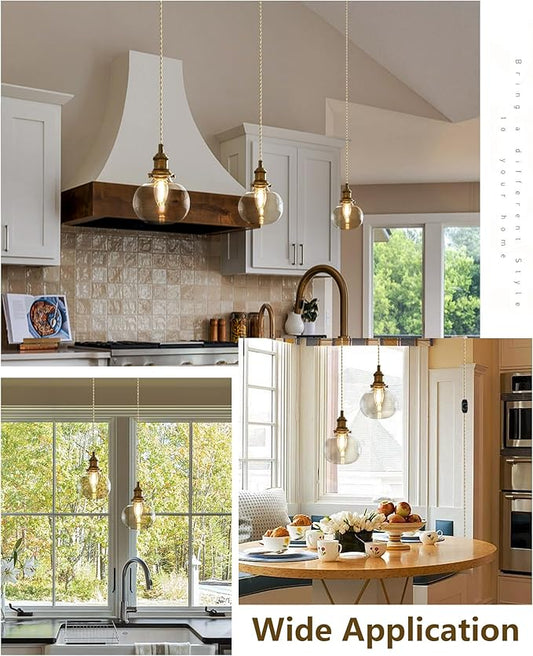 Plug in Glass Pendant Light with Dimmable Switch 4.72" Vintage Hanging Pendant Light Fixtures for Bedside Dining Room Foyer, Brass