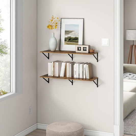36"W x 12"D Floating Shelves, Deep Floating Shelves with Brackets, 12 Inch Deep Wall Shelves for Books, Wide Display Storage Shelves for Bathroom, Living Room, 36 Inch Long, Rustic Brown, Set of 2
